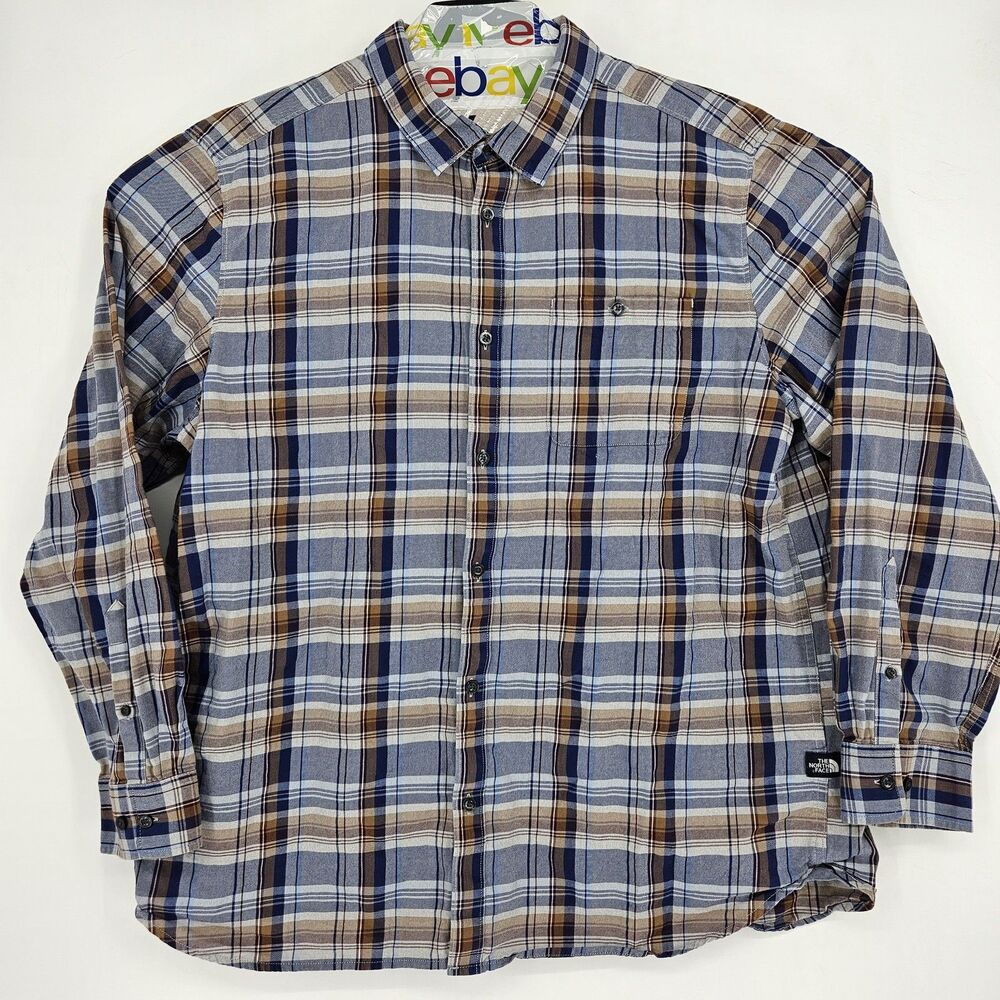 North Face Shirt Mens 2XL Blue Brown Plaid Organic Cotton Button‎ Up Outdoors
